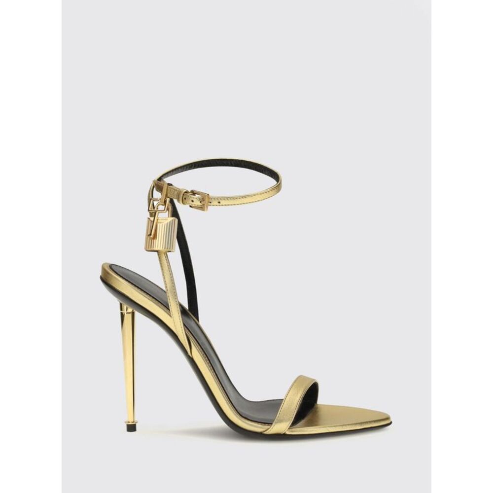 Tom Ford Padlock Gold Laminated Leather Sandals With Stiletto Heel